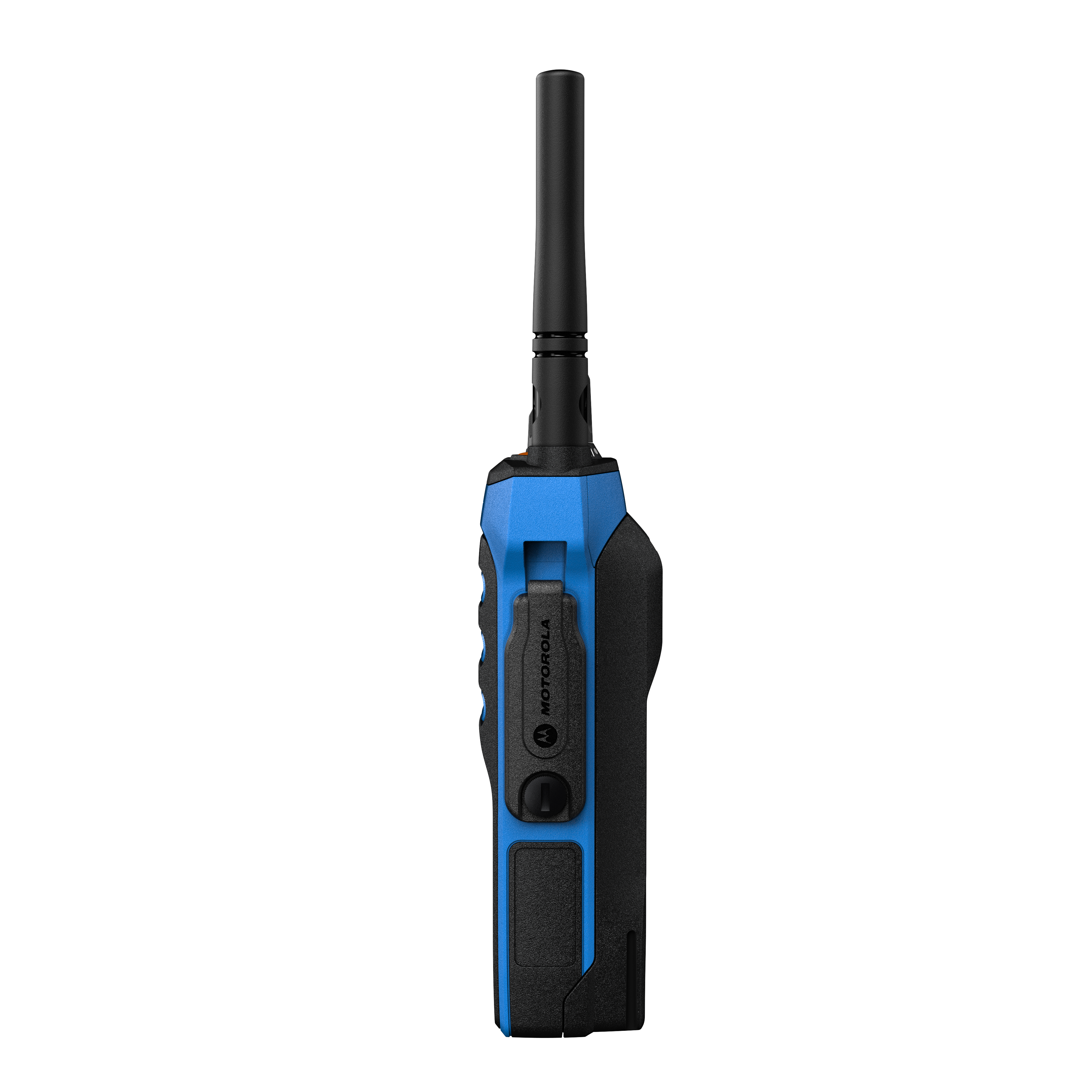 Zwarte en blauwe radio met antenne, merknaam zichtbaar aan de zijkant.
