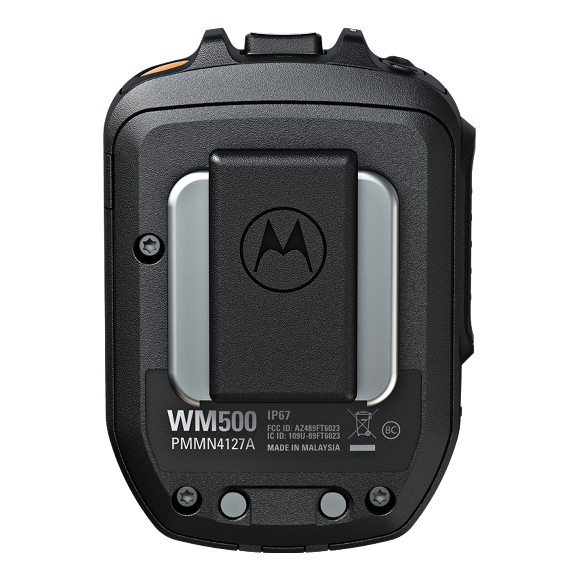 7000-00748661_mot_04.png Achterkant van een zwarte radio met zilveren clip en logo's.