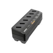 Black power strip with surge protection and six outlets.