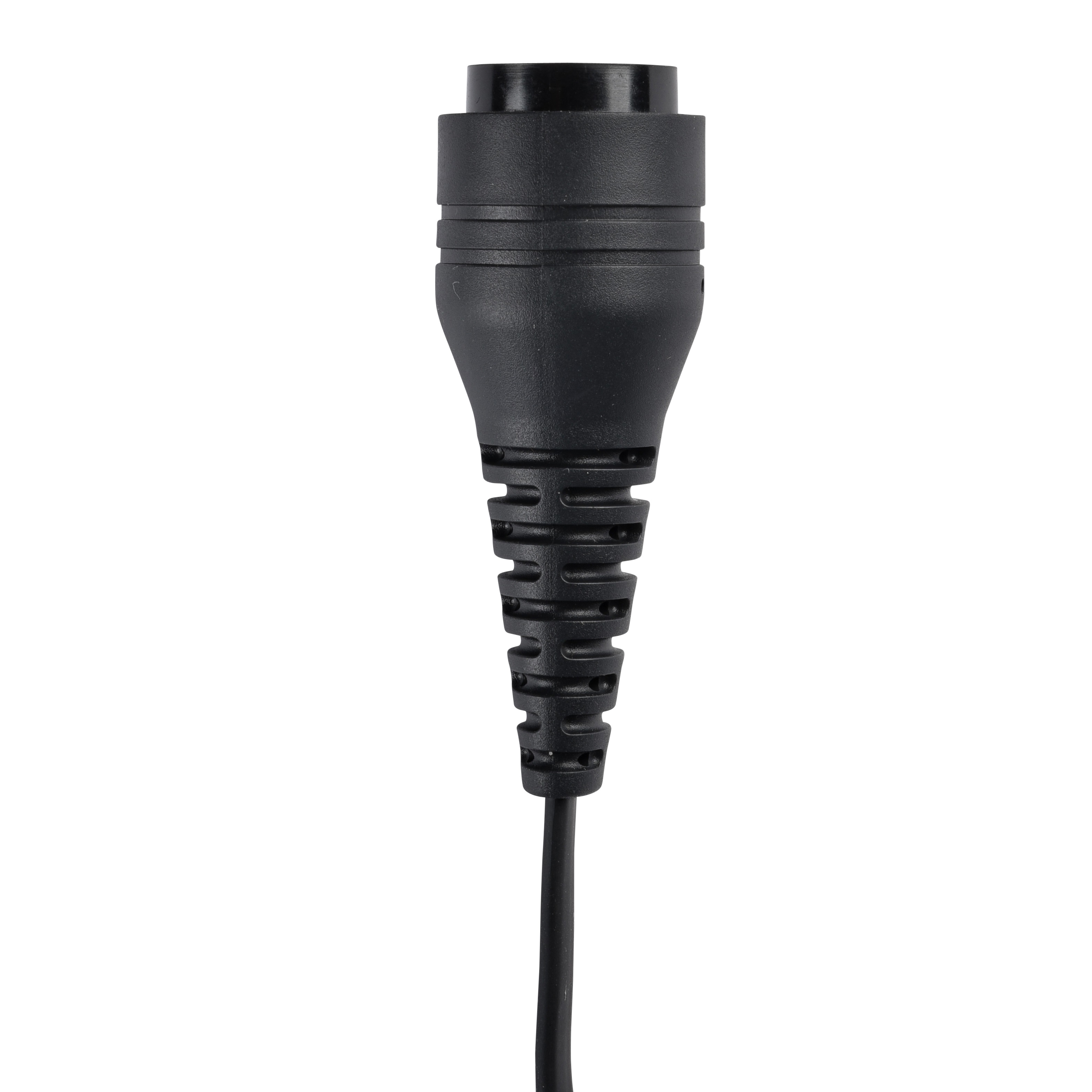 Black cylindrical connector with ribbed grip and cord.