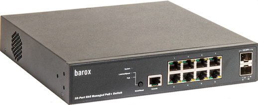 Een 10-poorts gigabit-ethernet-switch met twee SFP-poorten en LED-indicatoren.