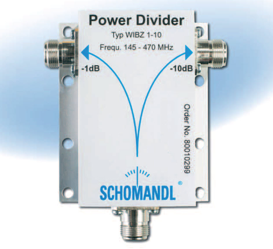 Diviseur de puissance RF 145-470 MHz avec une sortie -1 dB et une sortie -10 dB.