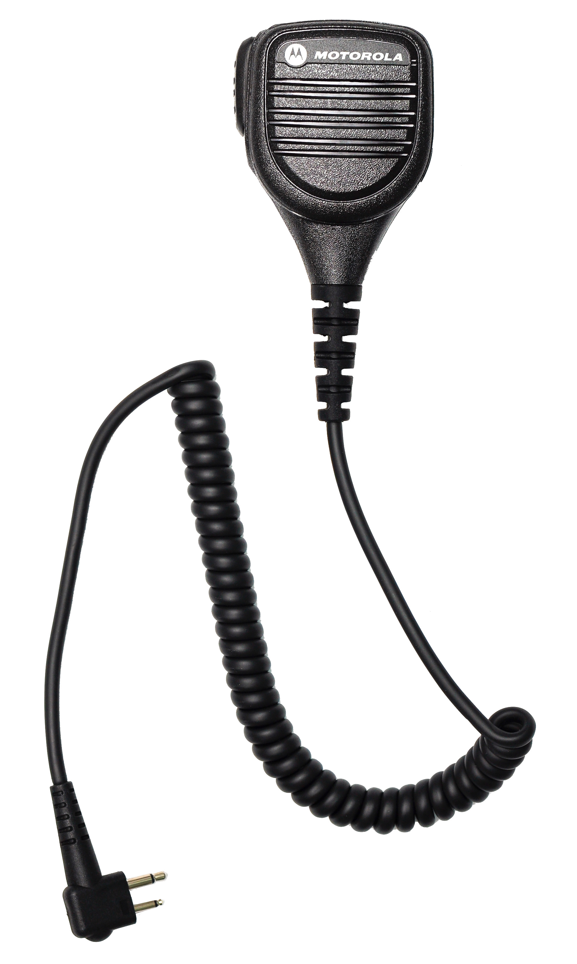 Black handheld microphone with coiled cord and dual plug.