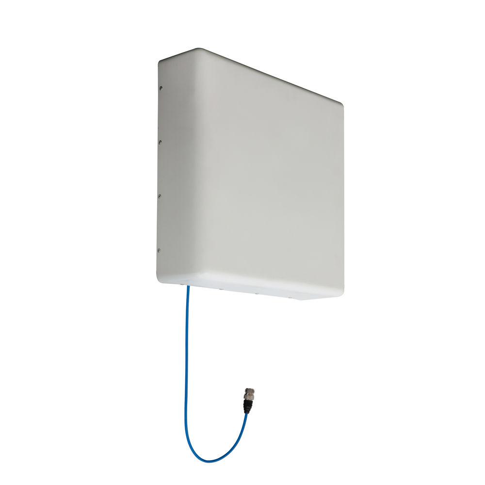 Witte vierkante antenne met blauwe kabelconnector.