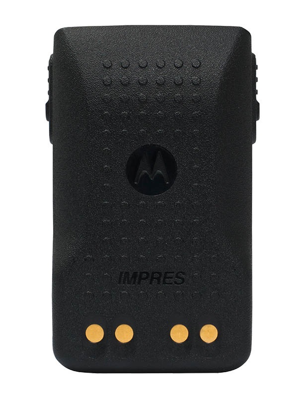 Bloc-batterie noir pour radio avec contacts jaunes.