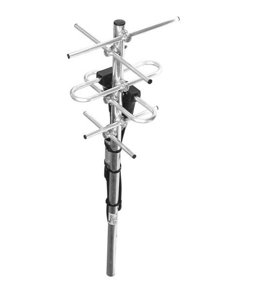 Metal antenna with multiple elements and mounting bracket.