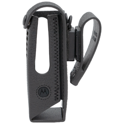 Étui en cuir noir avec passant de ceinture, ouverture latérale et bord cousu.