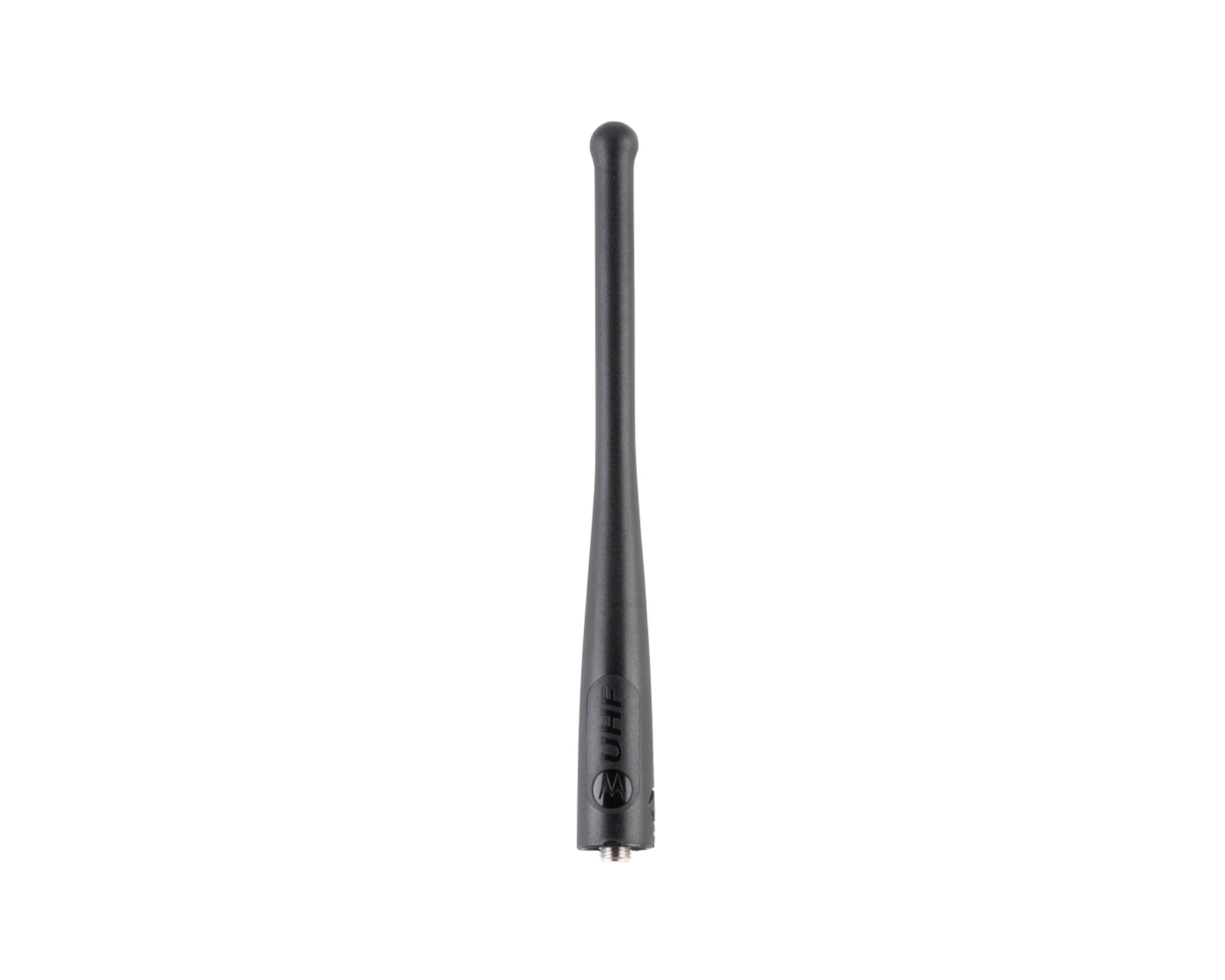 Black UHF antenna with metal thread on the bottom.