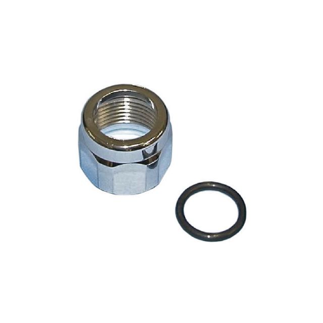 Metalen fitting naast een zwarte afdichtring.