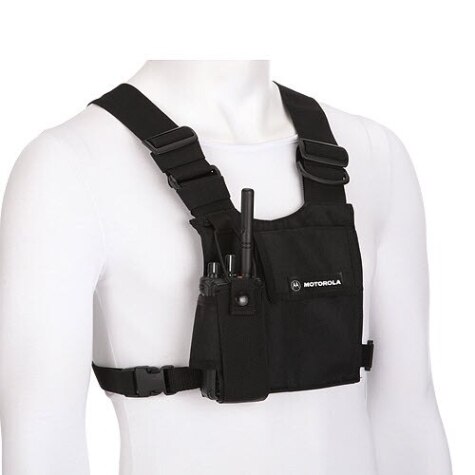 Black tactical vest with radio and Motorola logo on white mannequin.