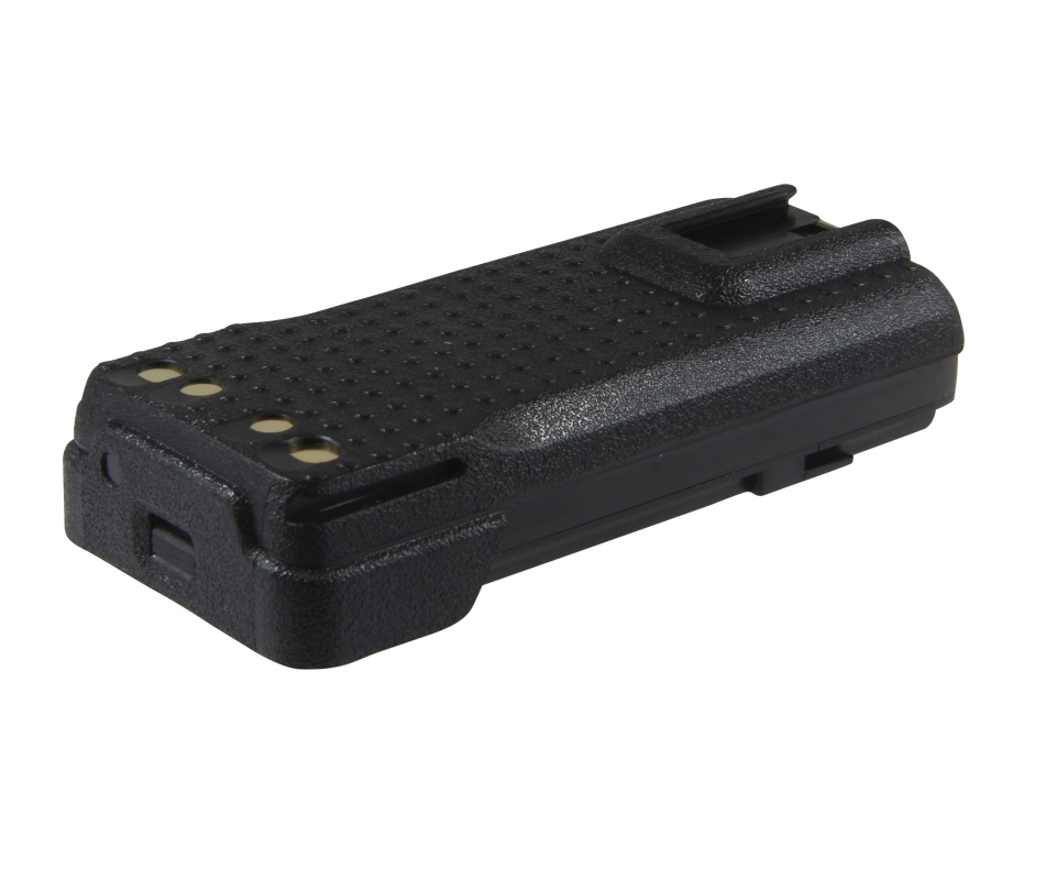 Zwarte batterijpack met vier contacten en antislipoppervlak.