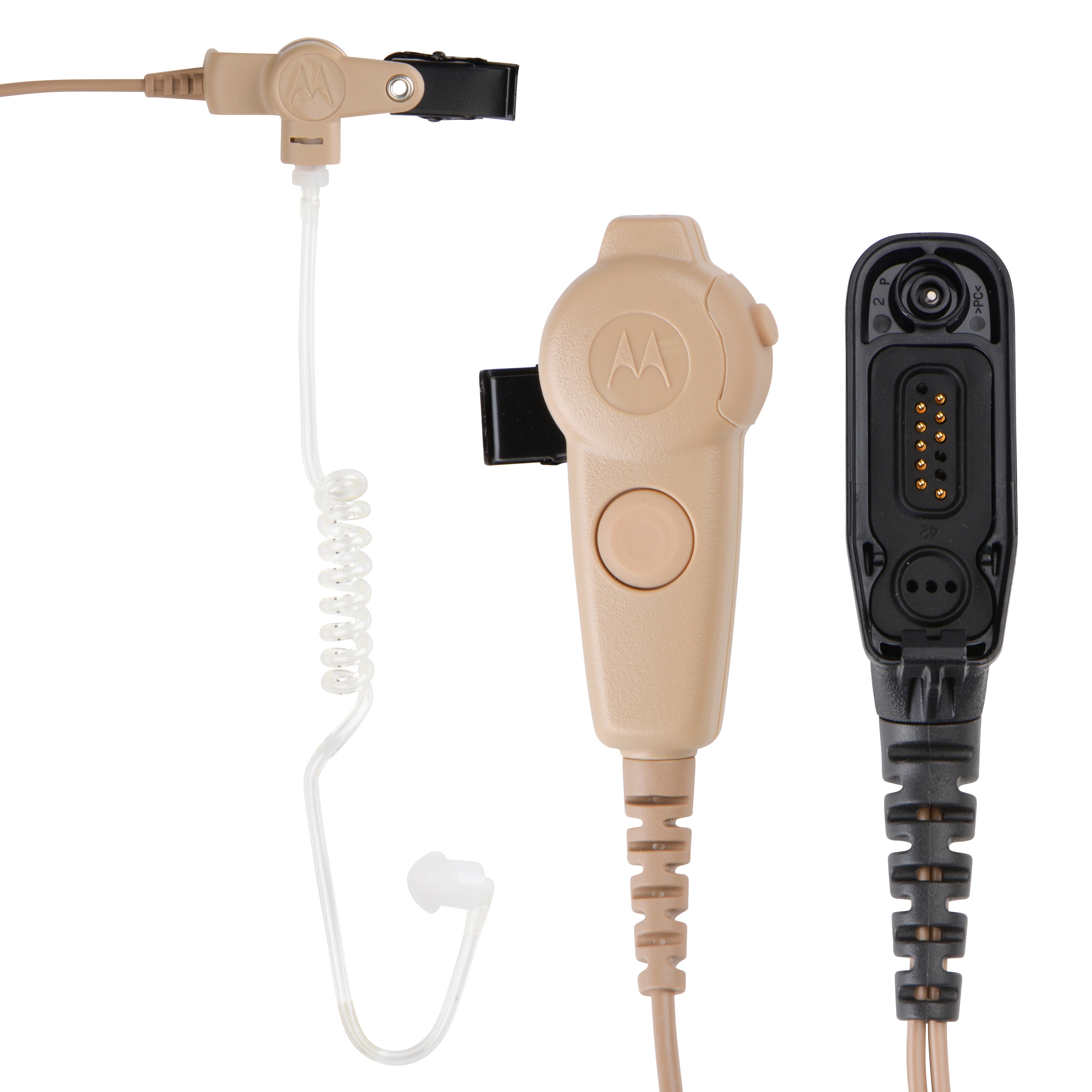 Beige radio-accessoire met oortje en microfoon.