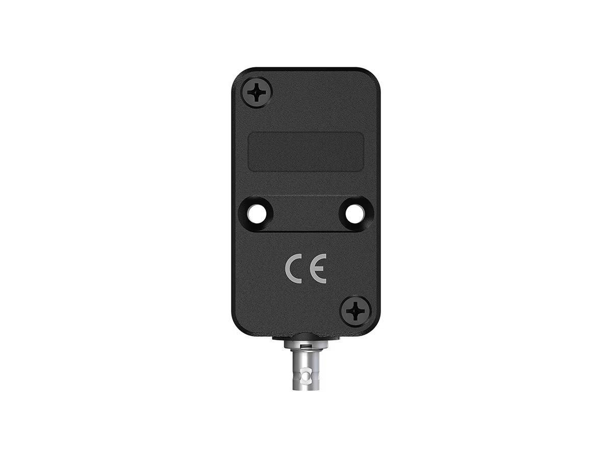 Rectangular black plastic sensor with CE marking and connector at the bottom.
