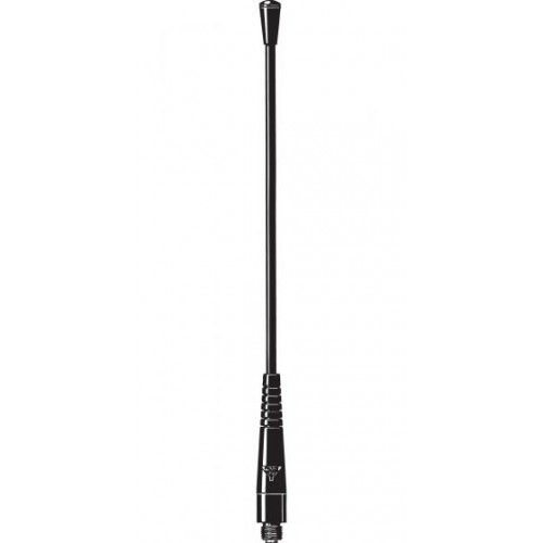 Zwarte radioantenne met schroefbasis onderaan.