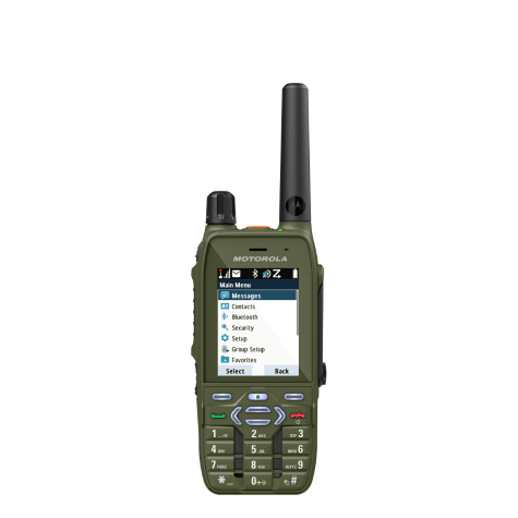 Green radio with display and keypad.