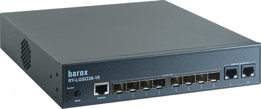 Netwerkswitch met acht vezel- en twee Gigabit-poorten, modelnummer RY-LGS038-10.