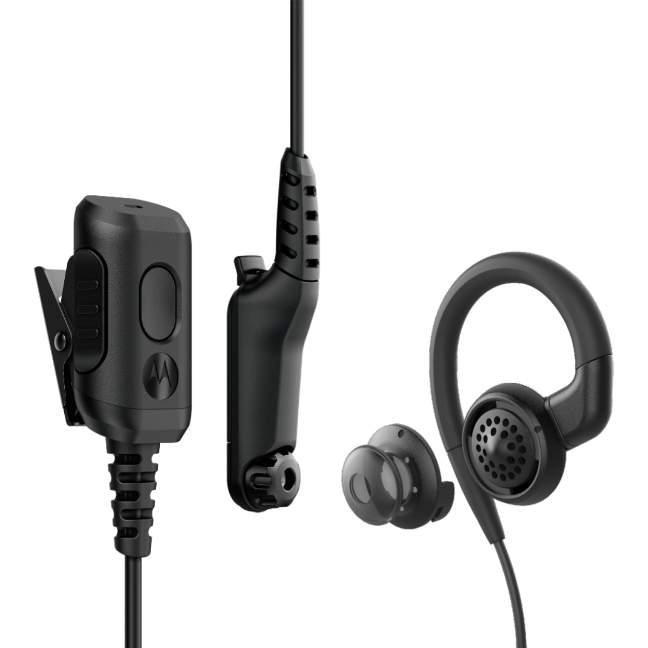 Zwart radioheadset met luidspreker, microfoon en oortje.