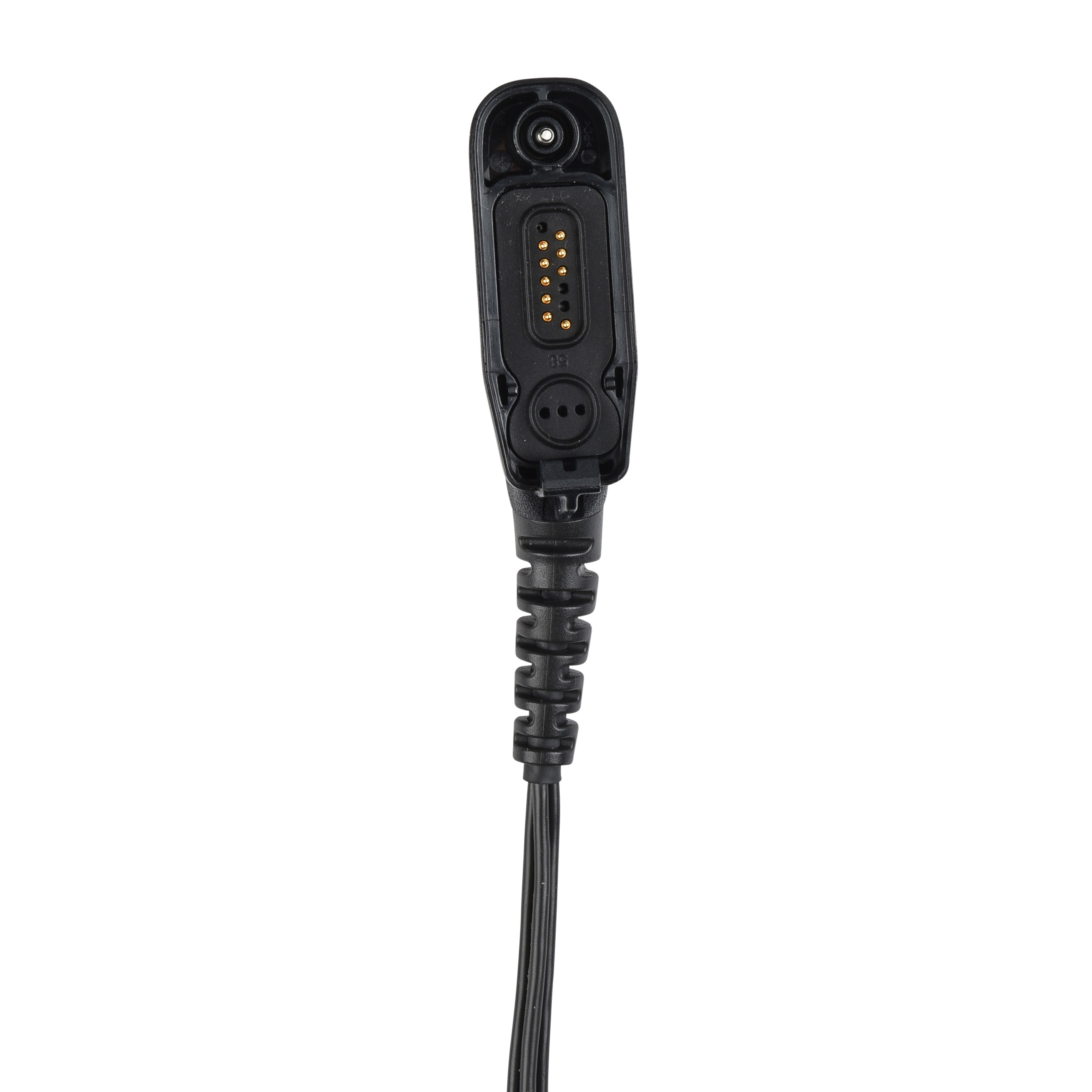 Zwarte kabelconnector met meerdere metalen pinnen.