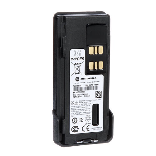 Back of a Motorola battery pack with technical details and connectors.