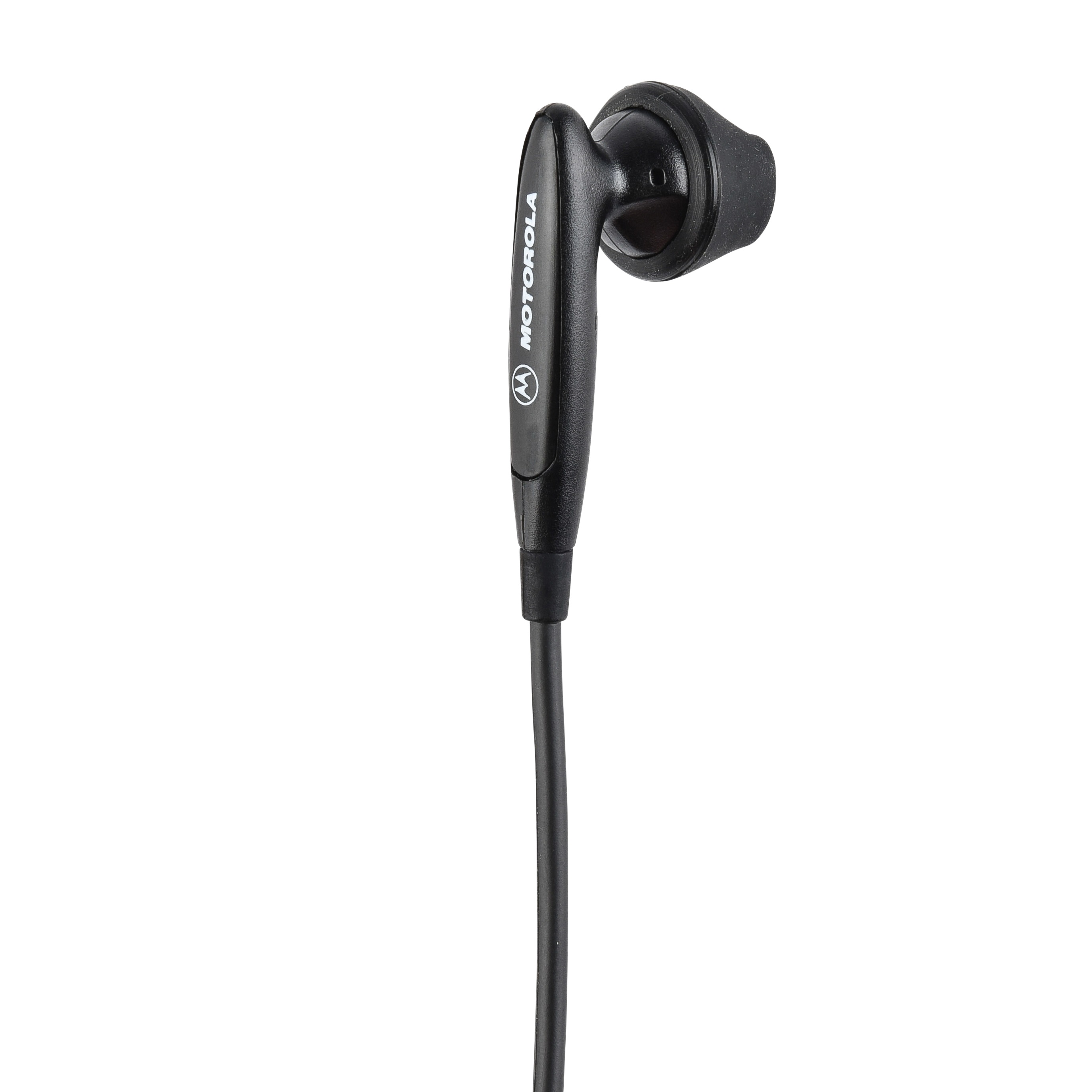 A single black earbud with cable and inscription.