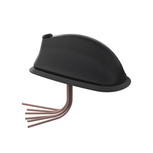 Zwarte helm met meerdere gebogen buizen als poten.
