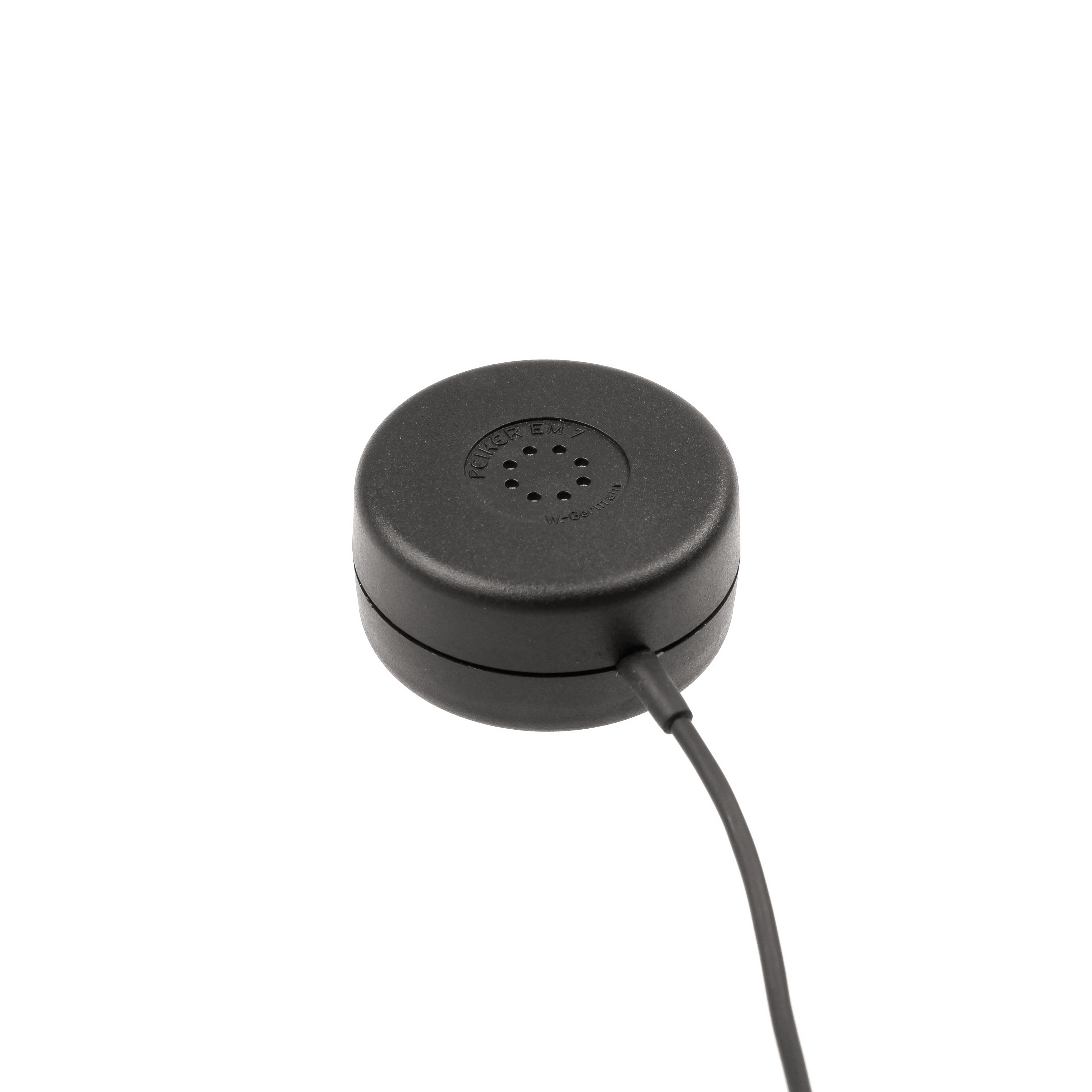 Black round buzzer with cable, top has ventilation holes.