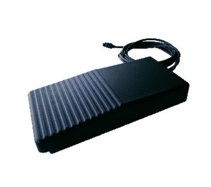 Black pedal with cable, ribbed surface on left.