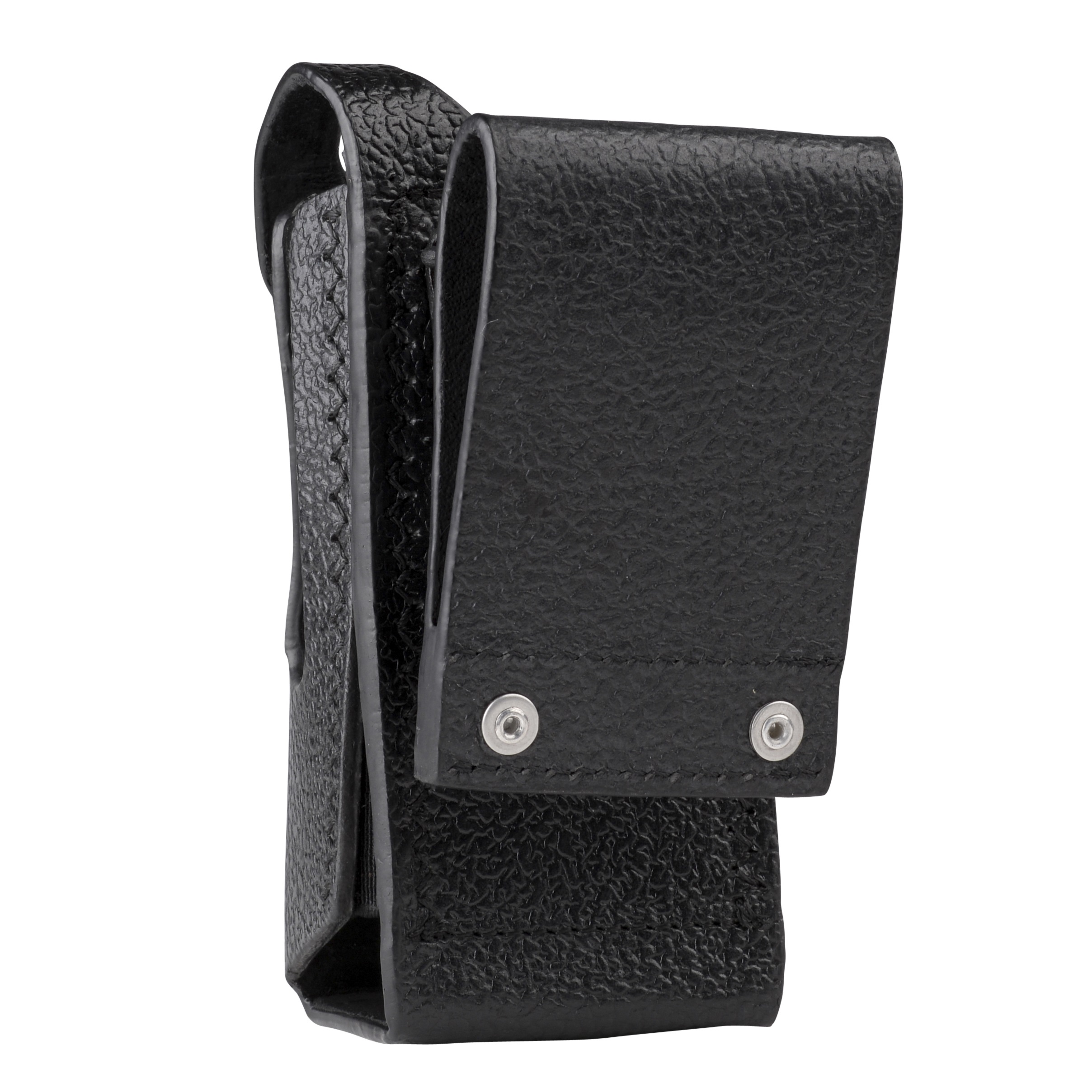 Étui en cuir noir avec boutons-pression.