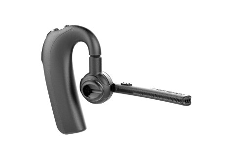 Black Bluetooth headset with microphone and ear hook.