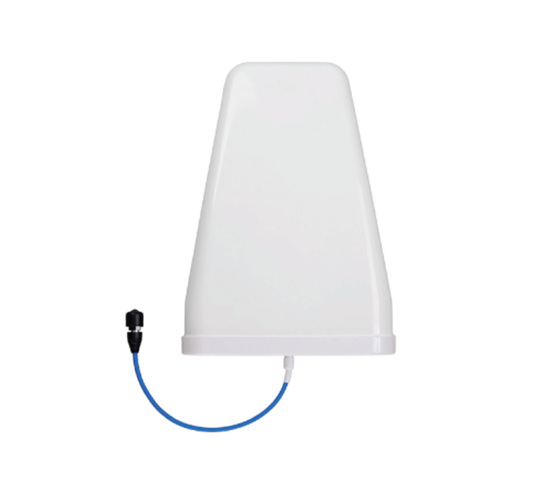 Witte, piramidevormige antenne met blauwe kabelconnector.