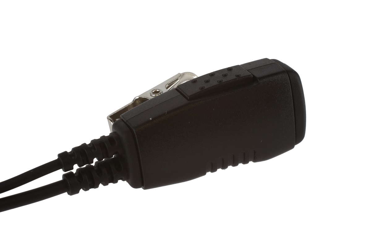Black-gray electrical module with cables and metal clip.