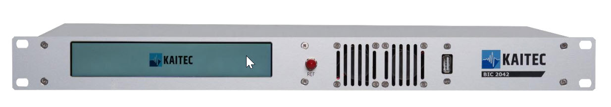 Rack-sized electronic device with display and red button.
