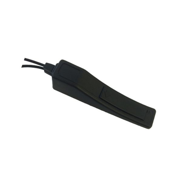 Black handheld remote with two buttons on a white background.