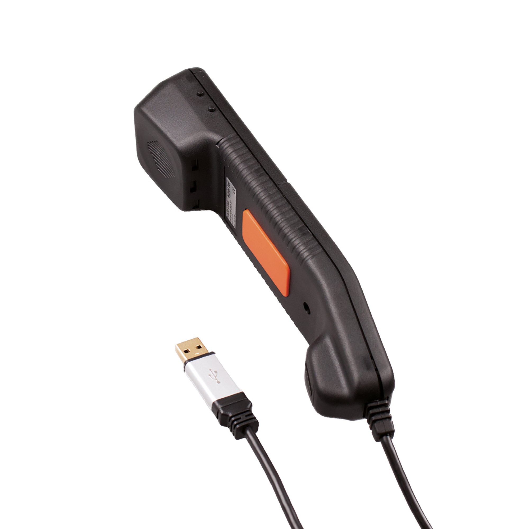 USB cable with black handheld scanner, orange button.