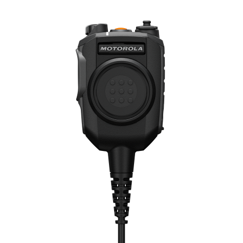 Zwarte draagbare radiomicrofoon met Motorola-logo en kabel.