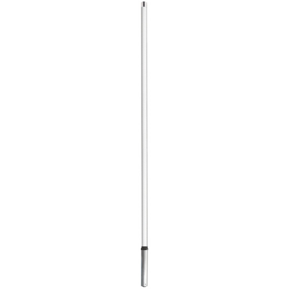 Lange witte antenne met metalen basis.