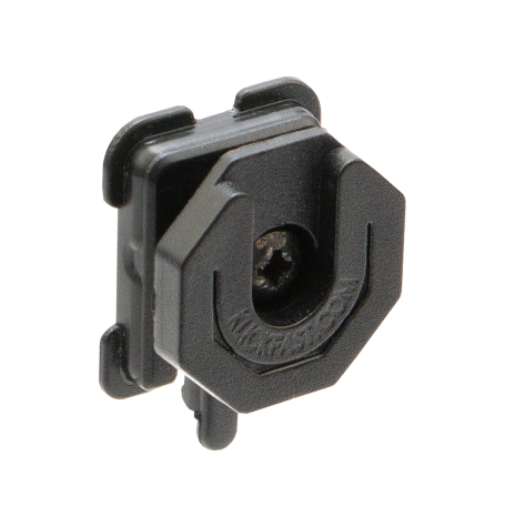 Clip en plastique noir hexagonal avec vis au centre.