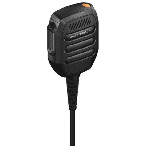 Black handheld radio microphone with cable.