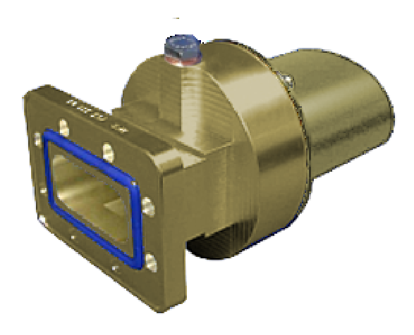 Soupape métallique avec bride rectangulaire et point rouge visible.