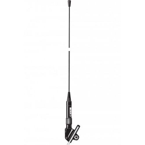 Zwarte antenne met flexibele basis en lange, slanke staaf.