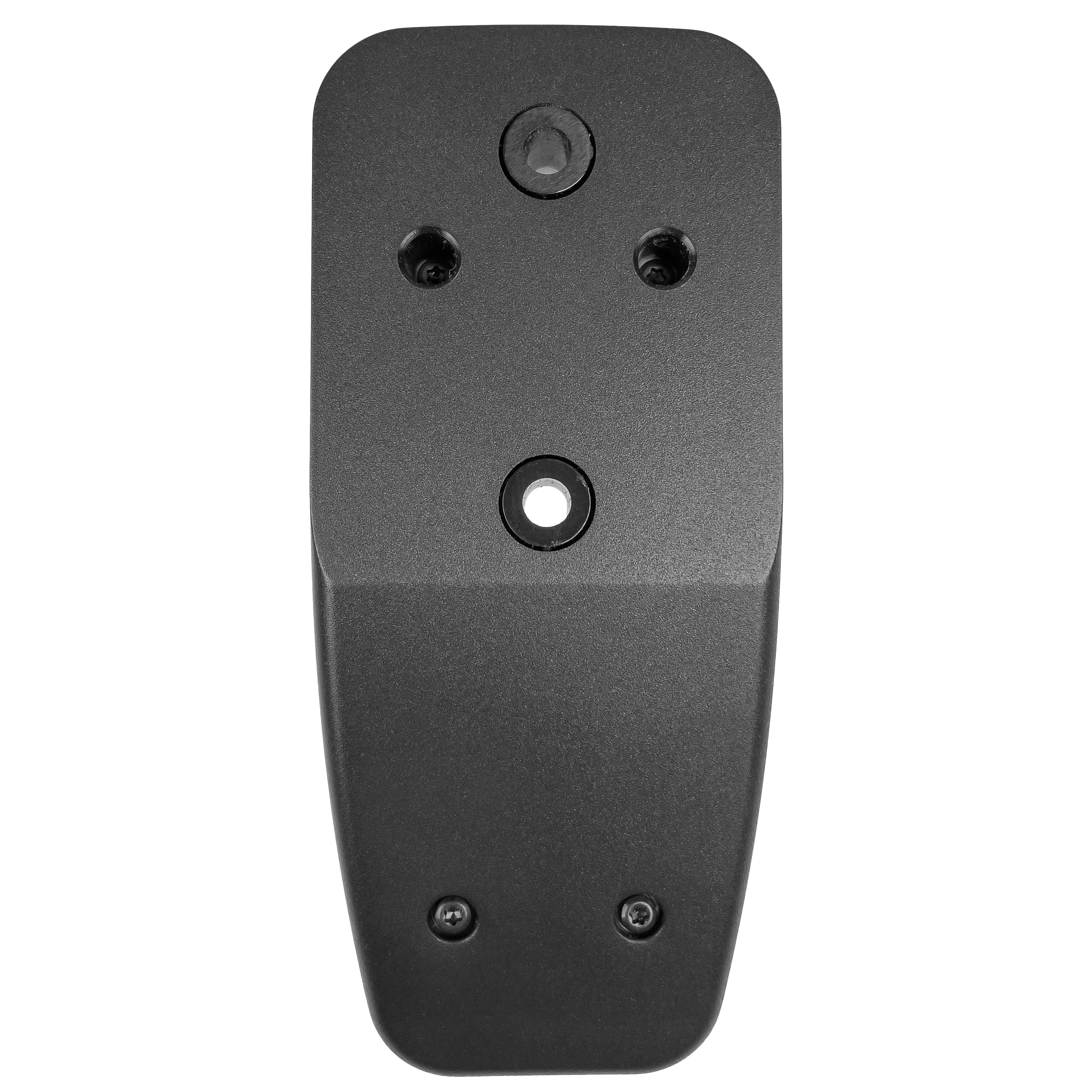 Metal plate with five holes, three at top, two at bottom.