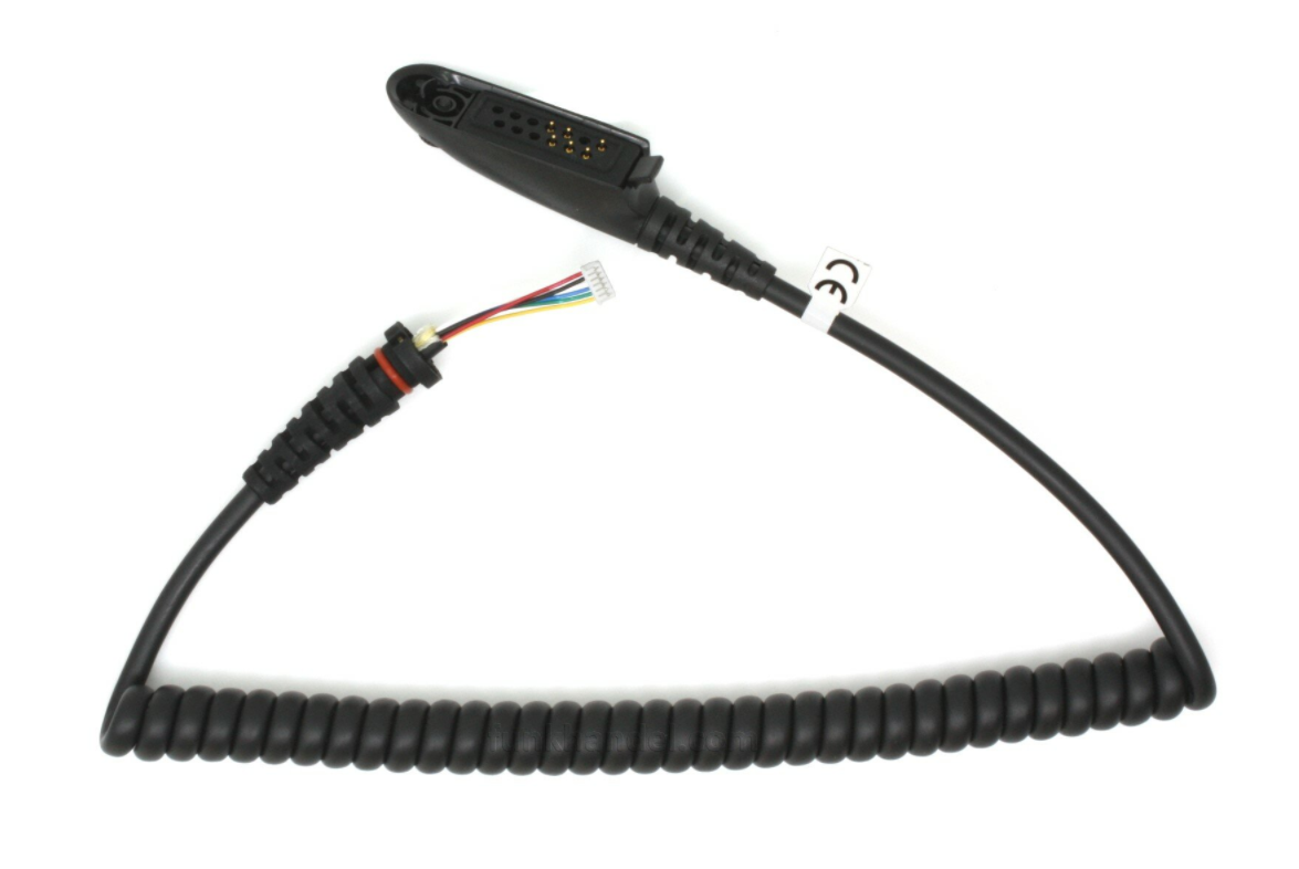 Black coiled cable with colored wires and CE mark.