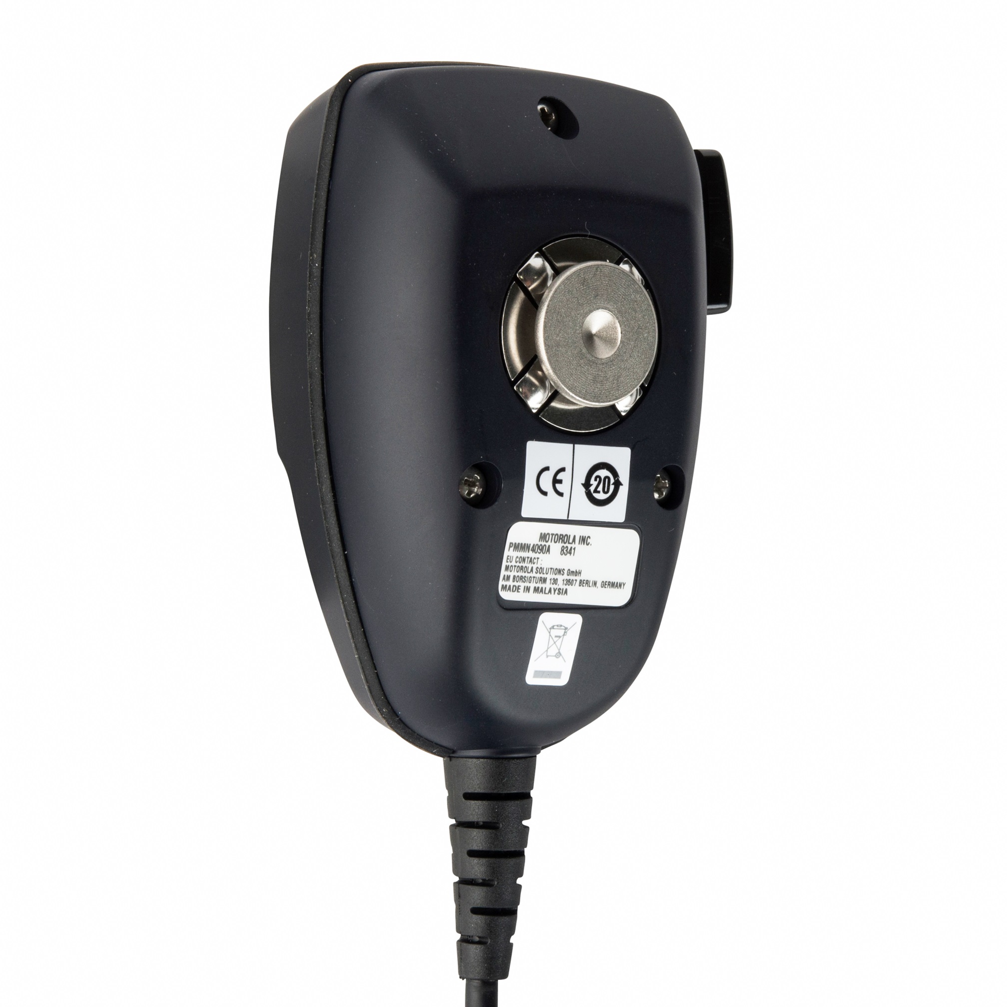 Radio microphone with connector cable and CE marking.