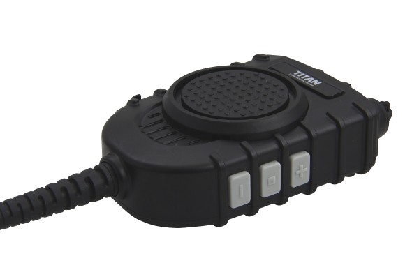 Black handheld microphone with three buttons and coiled cable.