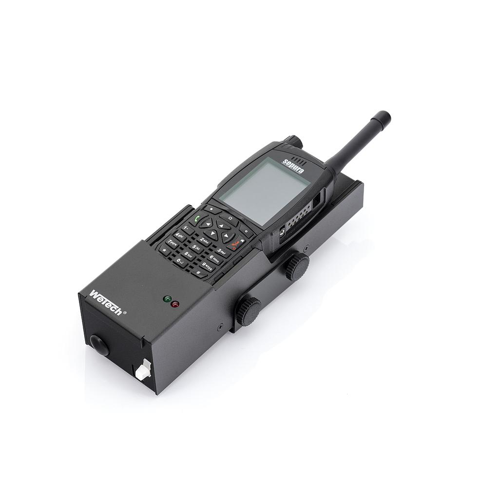 Zwart draagbaar radiotoestel met antenne.