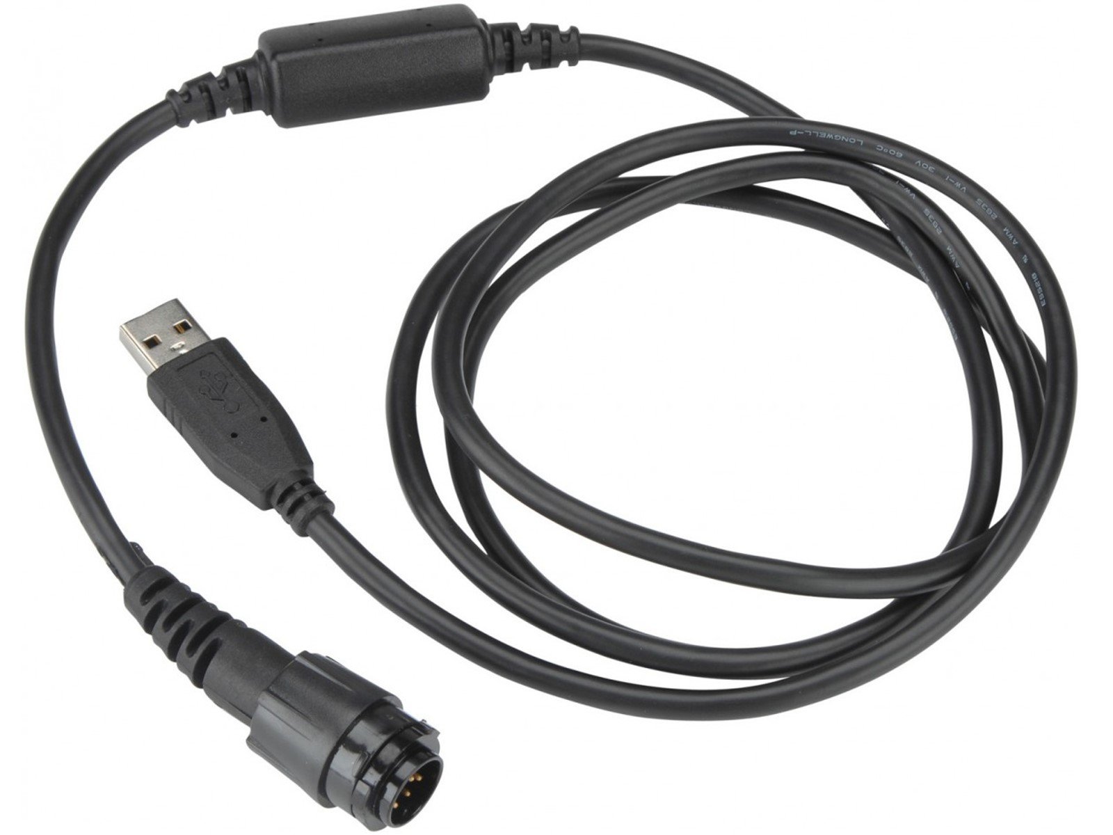 Black USB to round plug cable, untangled.