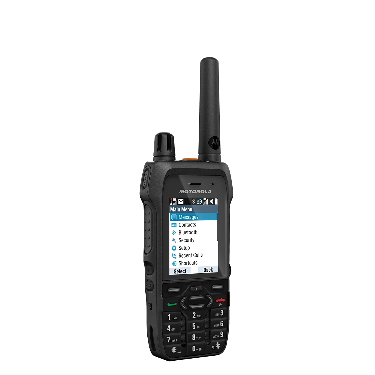 Zwart radiotoestel met menu-opties zoals berichten en contacten op het scherm.