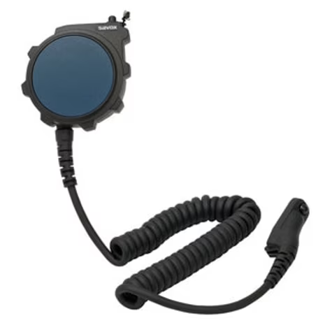 Ronde blauwe drukknopmicrofoon met spiraalkabel; eindigt in een 3,5 mm-stekker.