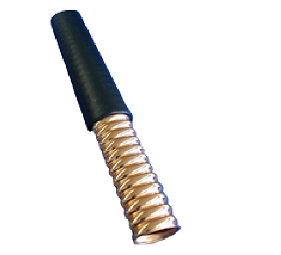 Tuyau métallique flexible avec poignée en plastique noir.