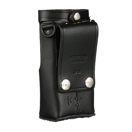 Black leather pouch with snap buttons and belt loop.